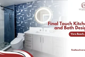 Vero Beach bathroom with glass shower, navy tile, accent wall, floating vanity, and LED mirror by Final Touch