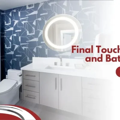 Vero Beach bathroom with glass shower, navy tile, accent wall, floating vanity, and LED mirror by Final Touch
