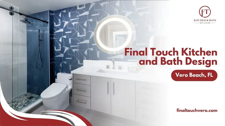 Vero Beach bathroom with glass shower, navy tile, accent wall, floating vanity, and LED mirror by Final Touch