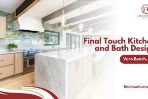 Modern Vero Beach kitchen remodel with marble island, wood cabinetry, and exposed ceiling beams