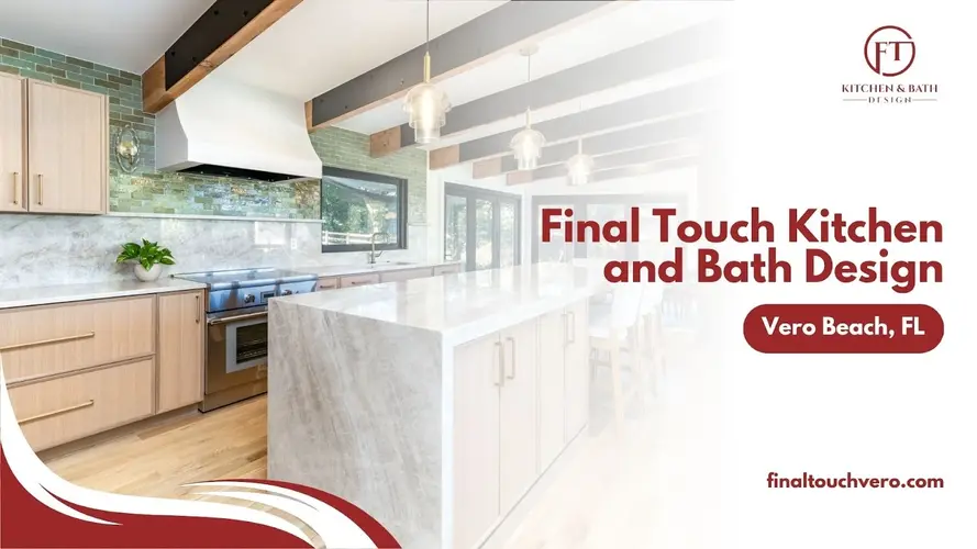 Modern Vero Beach kitchen remodel with marble island, wood cabinetry, and exposed ceiling beams
